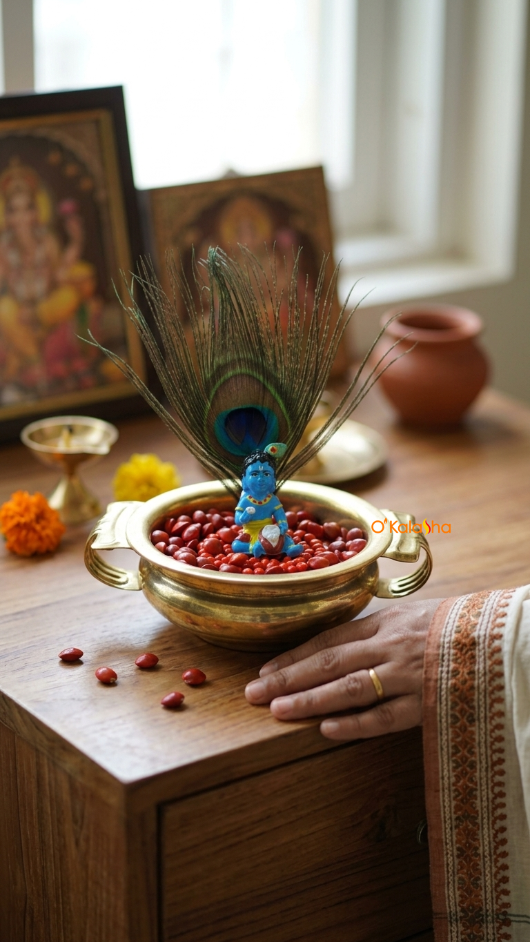 brass Uruli Decor Set Customized with Baby Krishna Idol, Peacock Feather & Manjadikuru Seeds – Spiritual Home Decor & Gifting Combo